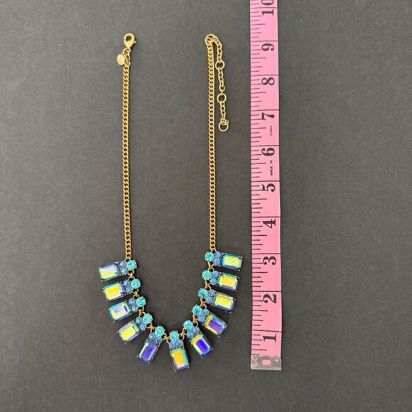 J Crew Statement Necklace Iridescent Blue Turquoise Crystal Stones Gold Adjustab - Picture 2 of 16